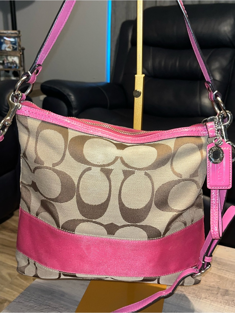 Coach Beige Signature Canvas Shoulder Bag with Pink Leather Trim